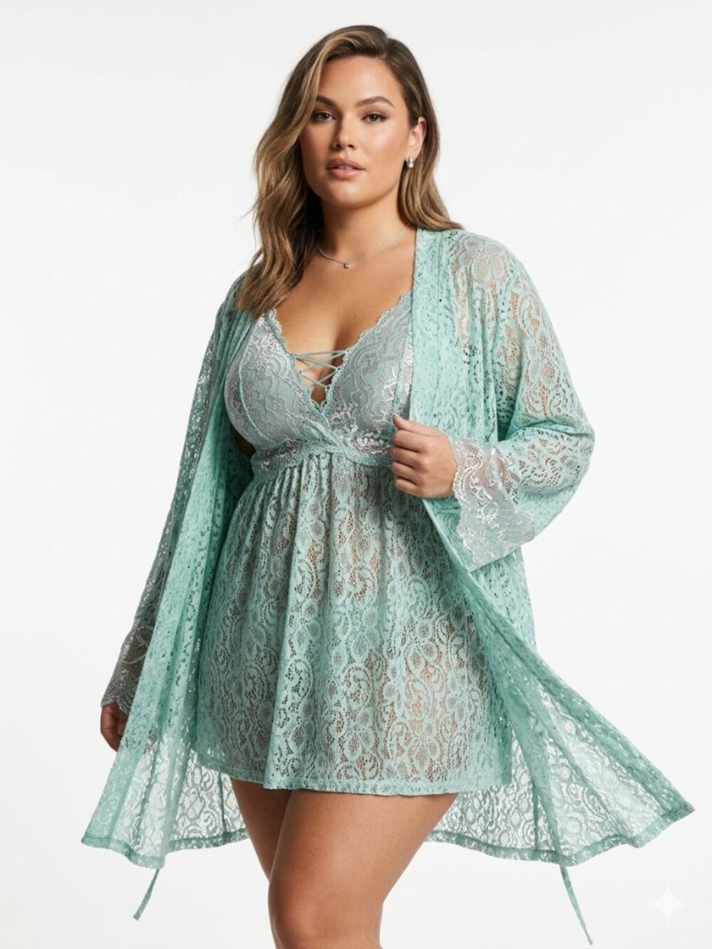 CACIQUE Lace Robe and Chemise Lingerie Set Mint Green Plus Size 22/24 26/28